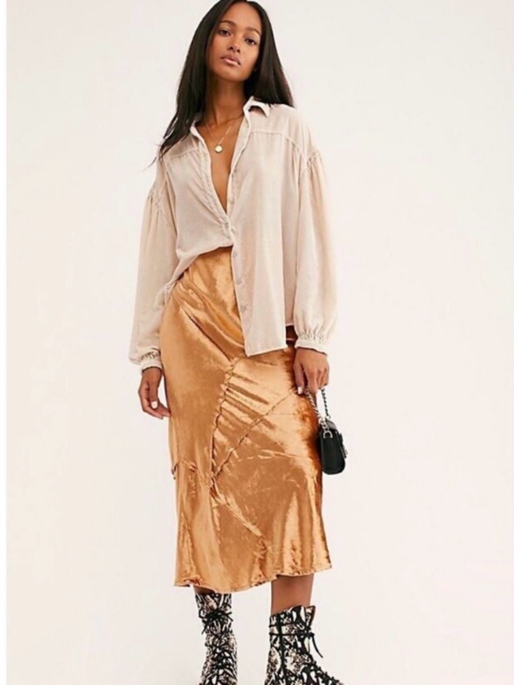 Free People Serious Swagger Velvet Midi Skirt in Gold Honey size XS